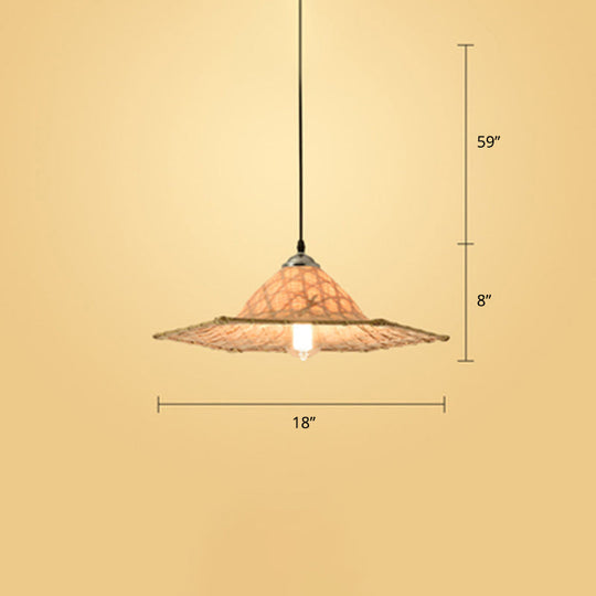 Contemporary Bamboo Pendant Light With Hat Shape: Single-Bulb Wood Suspension Fixture / F