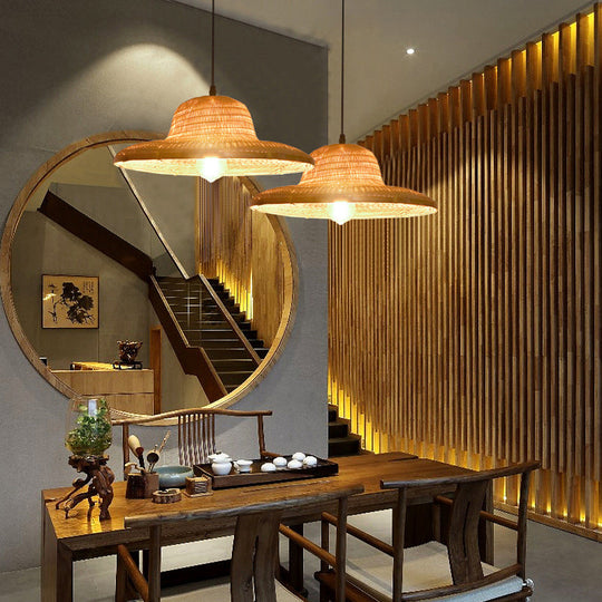 Simplicity Bamboo Pendant Light With Wood Straw Hat Suspension - 1-Light Lighting Fixture