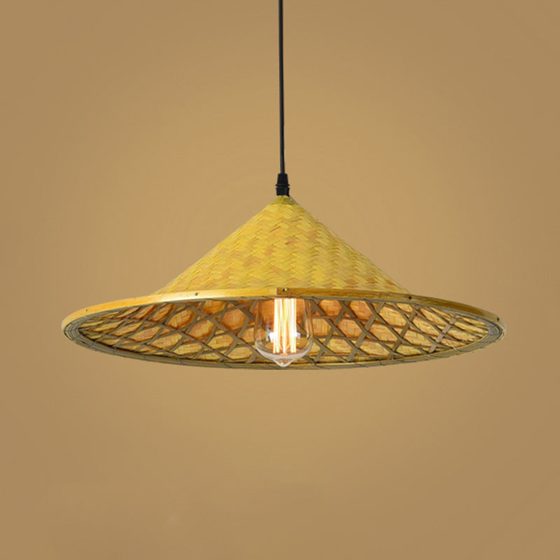 Simplicity Bamboo Pendant Light With Wood Straw Hat Suspension - 1-Light Lighting Fixture