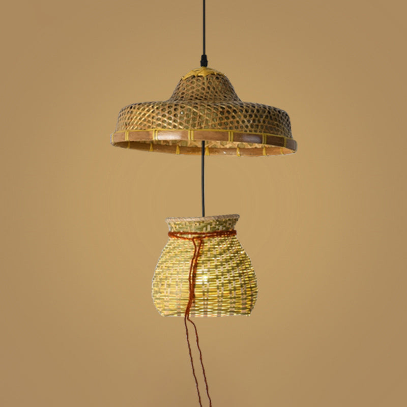 Simplicity Bamboo Pendant Light With Wood Straw Hat Suspension - 1-Light Lighting Fixture