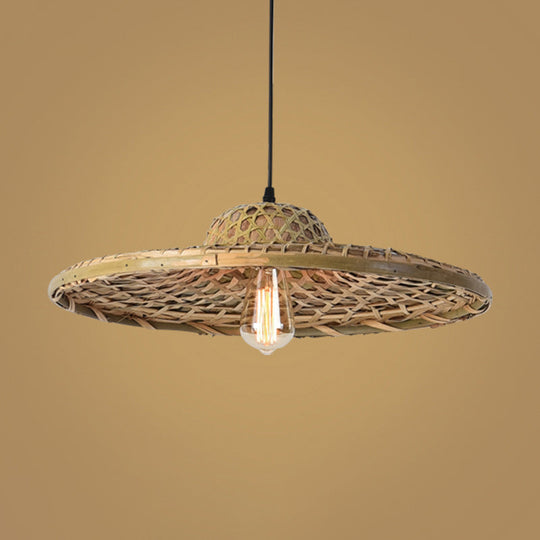 Simplicity Bamboo Pendant Light With Wood Straw Hat Suspension - 1-Light Lighting Fixture