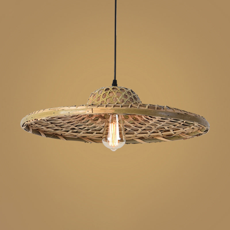 Simplicity Bamboo Pendant Light With Wood Straw Hat Suspension - 1-Light Lighting Fixture / A