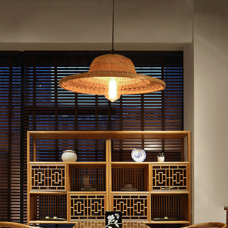 Simplicity Bamboo Pendant Light With Wood Straw Hat Suspension - 1-Light Lighting Fixture