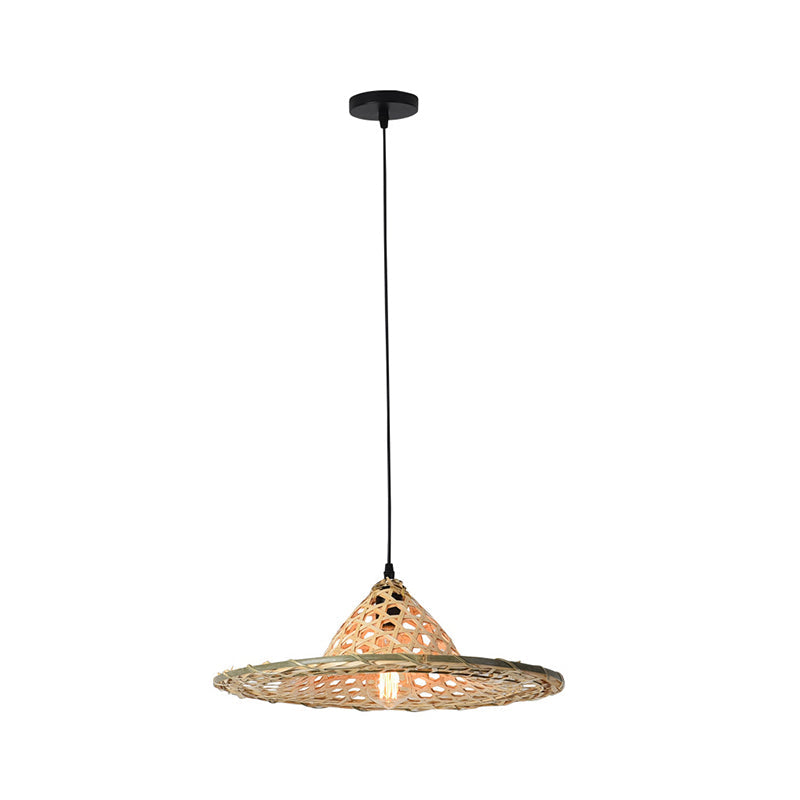 Simplicity Bamboo Pendant Light With Wood Straw Hat Suspension - 1-Light Lighting Fixture