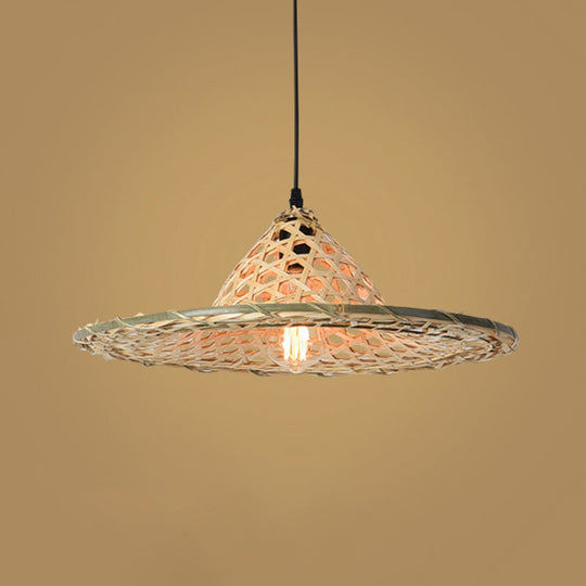 Simplicity Bamboo Pendant Light With Wood Straw Hat Suspension - 1-Light Lighting Fixture