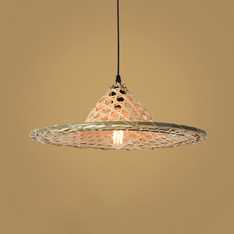 Simplicity Bamboo Pendant Light With Wood Straw Hat Suspension - 1-Light Lighting Fixture / E