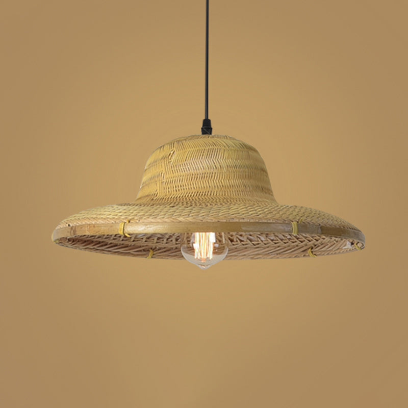 Simplicity Bamboo Pendant Light With Wood Straw Hat Suspension - 1-Light Lighting Fixture