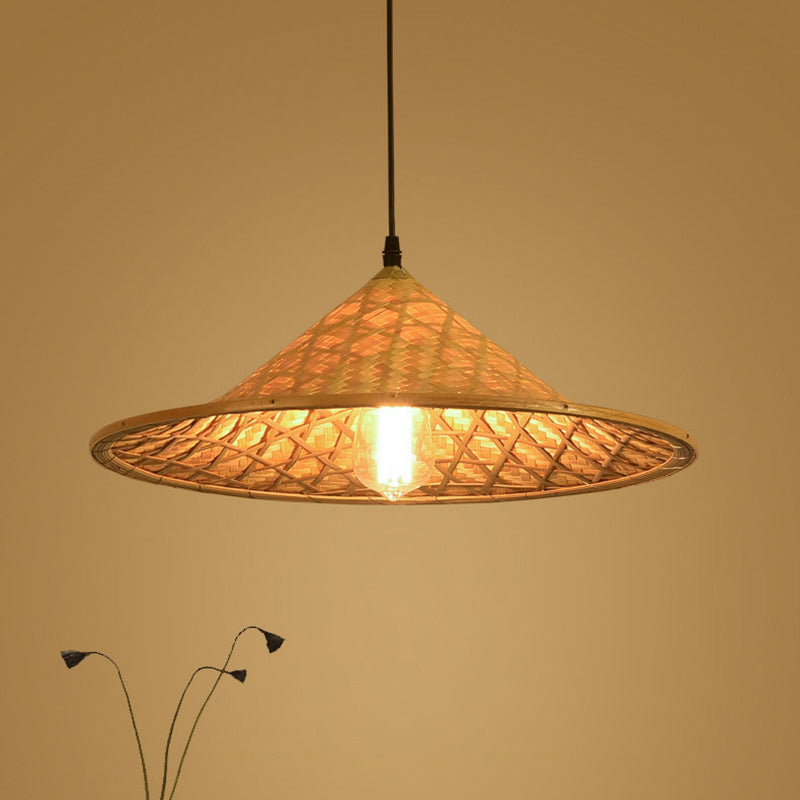 Simplicity Bamboo Pendant Light With Wood Straw Hat Suspension - 1-Light Lighting Fixture