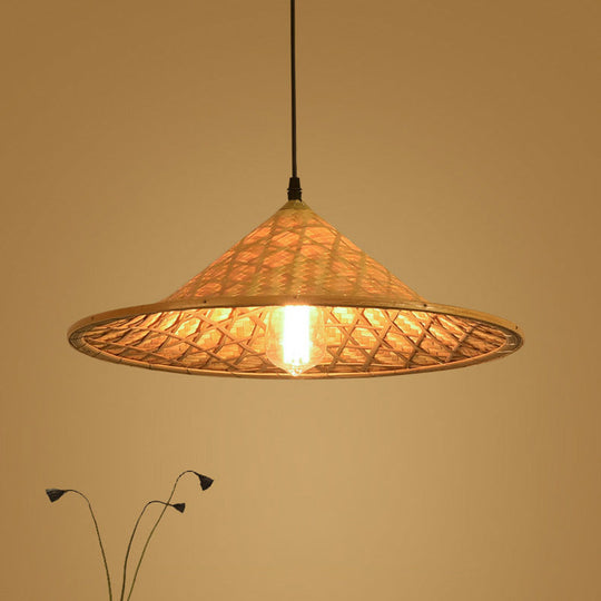 Simplicity Bamboo Pendant Light With Wood Straw Hat Suspension - 1-Light Lighting Fixture