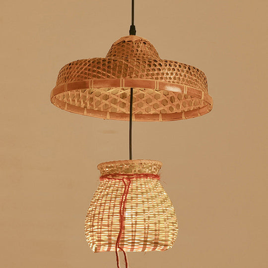 Simplicity Bamboo Pendant Light With Wood Straw Hat Suspension - 1-Light Lighting Fixture