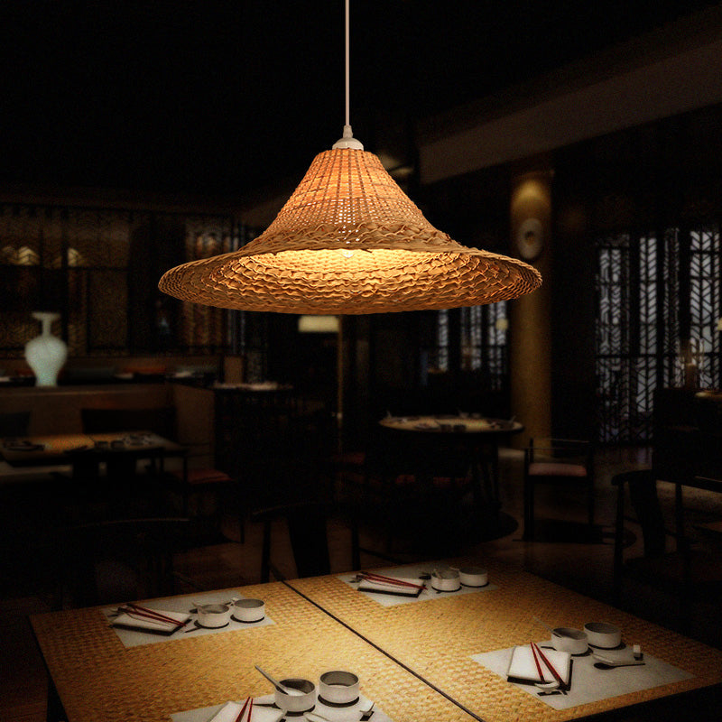 Asian Style Bamboo Straw Hat Ceiling Light Fixture In Wood - Restaurant Hanging With 1 Bulb