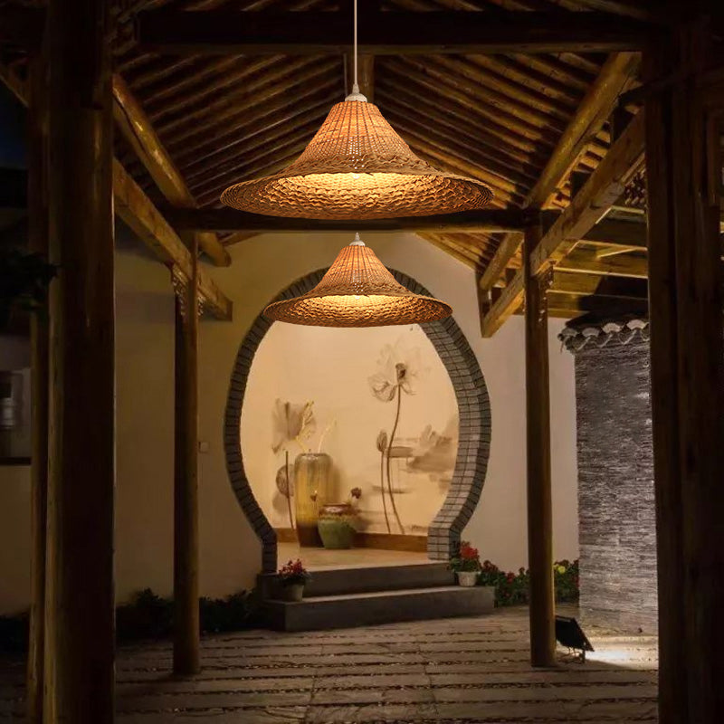 Asian Style Bamboo Straw Hat Ceiling Light Fixture In Wood - Restaurant Hanging With 1 Bulb