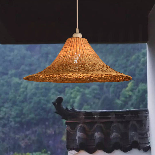 Asian Style Bamboo Straw Hat Ceiling Light Fixture In Wood - Restaurant Hanging With 1 Bulb