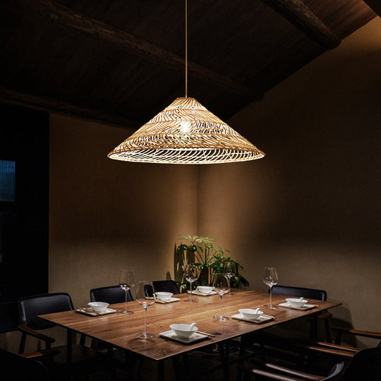 Simplicity Rattan Cone Suspension Light - Wood Pendant For Restaurants