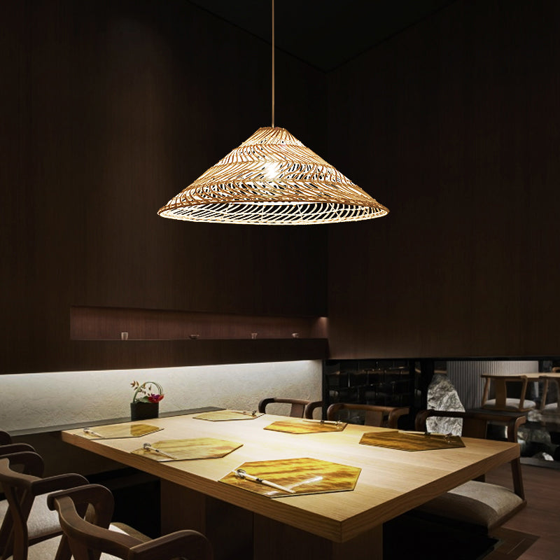 Simplicity Rattan Cone Suspension Light - Wood Pendant For Restaurants