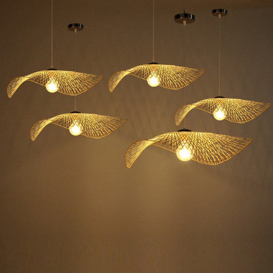 Contemporary Lotus Leaf Bamboo Pendant Light - Single-Bulb Wood Suspension Fixture