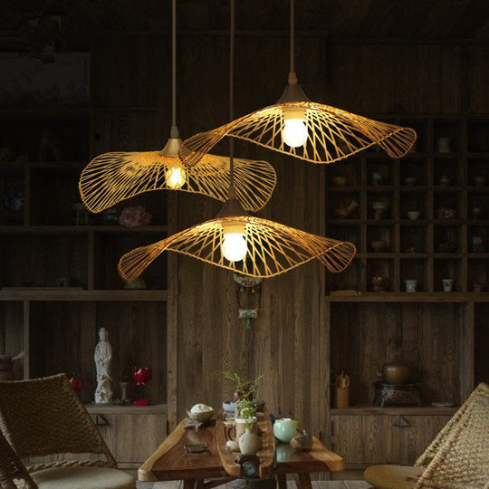 Contemporary Lotus Leaf Bamboo Pendant Light - Single-Bulb Wood Suspension Fixture