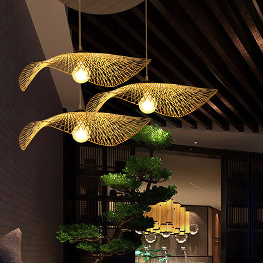 Contemporary Lotus Leaf Bamboo Pendant Light - Single-Bulb Wood Suspension Fixture