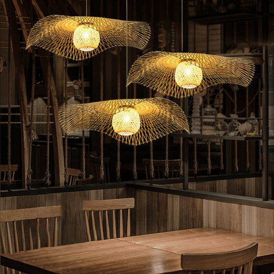 Lotus Leaf Ceiling Light - Asian Style Bamboo Hanging Fixture For Restaurants Wood Bulb Pendant