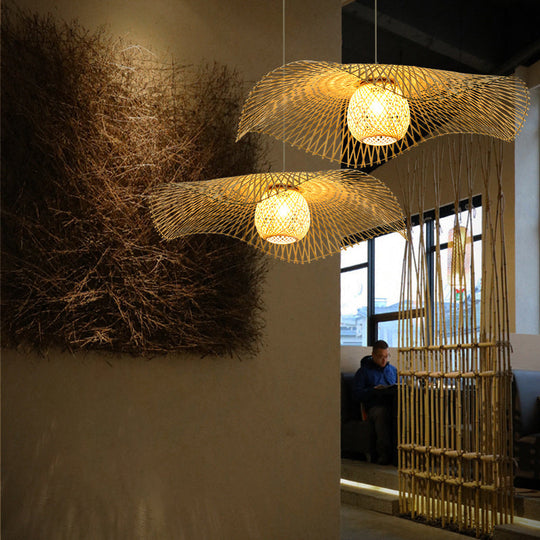 Lotus Leaf Ceiling Light - Asian Style Bamboo Hanging Fixture For Restaurants Wood Bulb Pendant