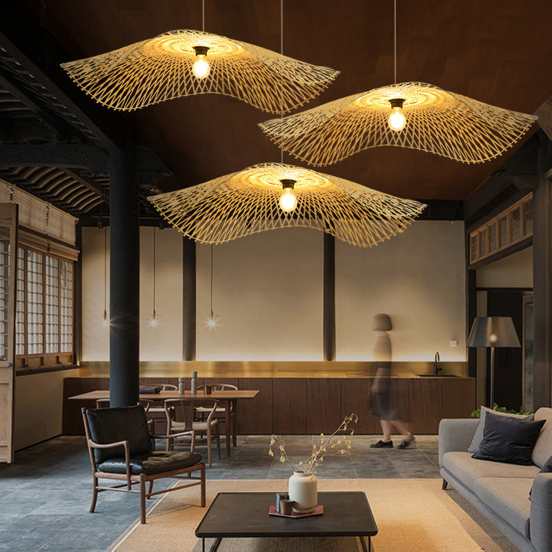 Lotus Leaf Ceiling Light - Asian Style Bamboo Hanging Fixture For Restaurants Wood Bulb Pendant