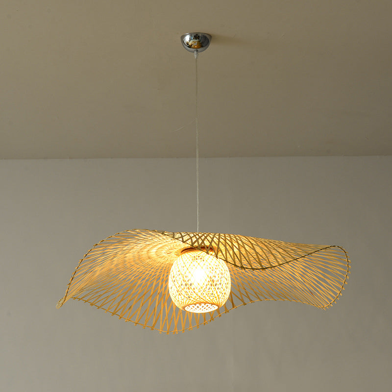 Lotus Leaf Ceiling Light - Asian Style Bamboo Hanging Fixture For Restaurants Wood Bulb Pendant