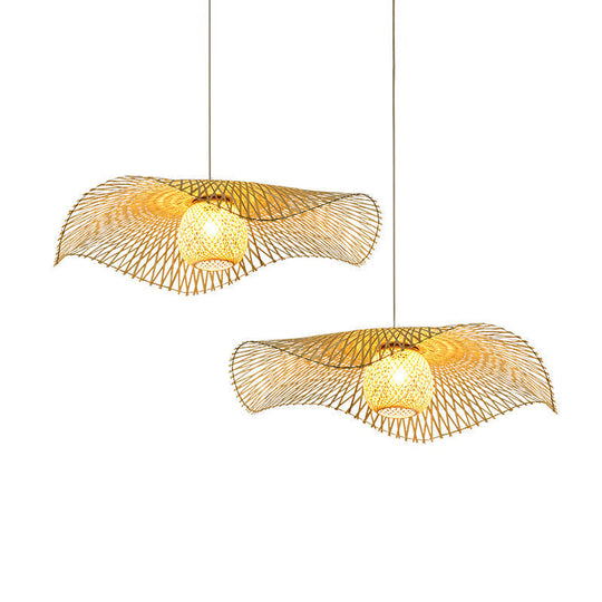 Lotus Leaf Ceiling Light - Asian Style Bamboo Hanging Fixture For Restaurants Wood Bulb Pendant