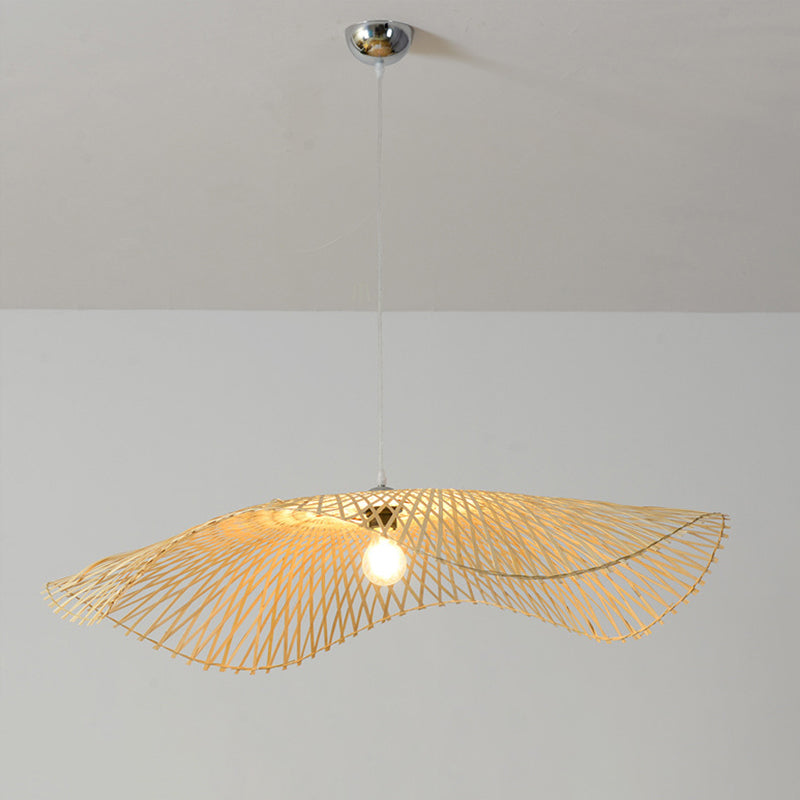 Lotus Leaf Ceiling Light - Asian Style Bamboo Hanging Fixture For Restaurants Wood Bulb Pendant