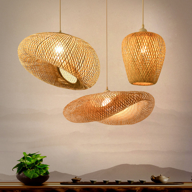 Simplicity Bamboo Pendant Light - 1-Light Wood Woven Suspension Lighting For Tea Room