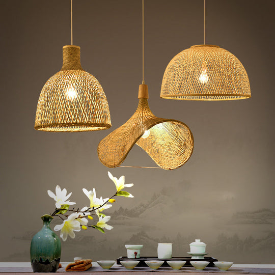 Simplicity Bamboo Pendant Light - 1-Light Wood Woven Suspension Lighting For Tea Room