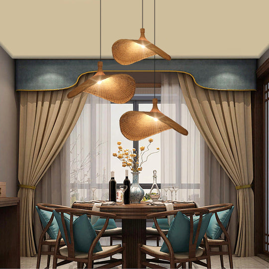 Asian Style Bamboo Ceiling Light: Hat Shape Wood Hanging Fixture For Restaurants