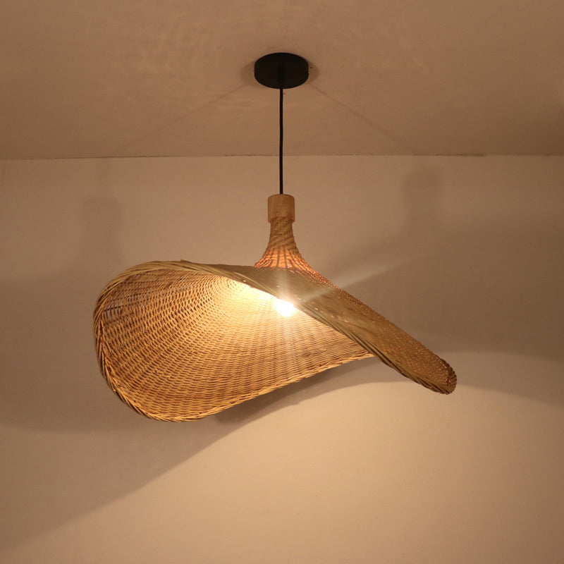 Asian Style Bamboo Ceiling Light: Hat Shape Wood Hanging Fixture For Restaurants