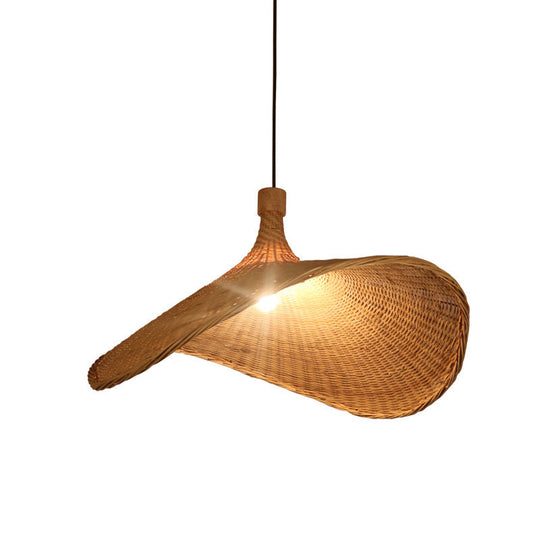 Asian Style Bamboo Ceiling Light: Hat Shape Wood Hanging Fixture For Restaurants