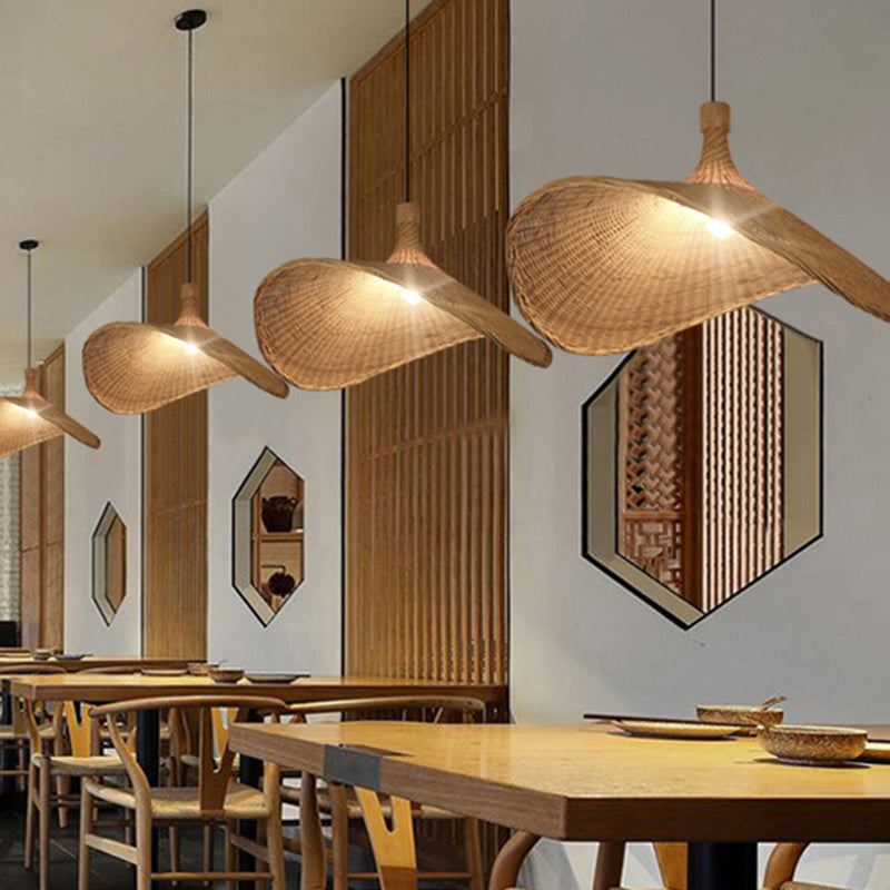 Asian Style Bamboo Ceiling Light: Hat Shape Wood Hanging Fixture For Restaurants