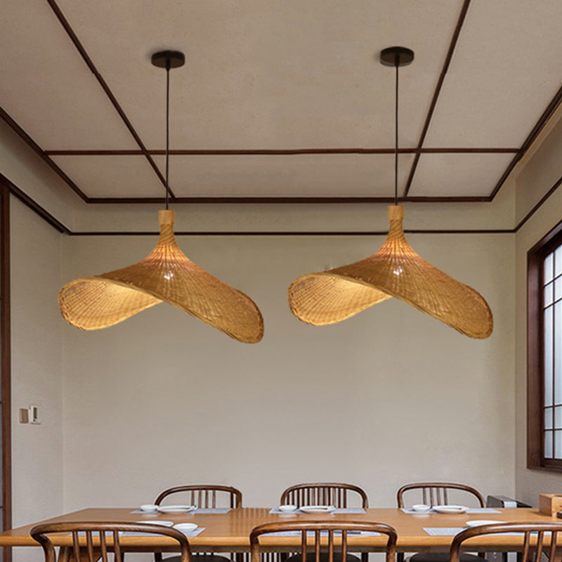 Asian Style Bamboo Ceiling Light: Hat Shape Wood Hanging Fixture For Restaurants