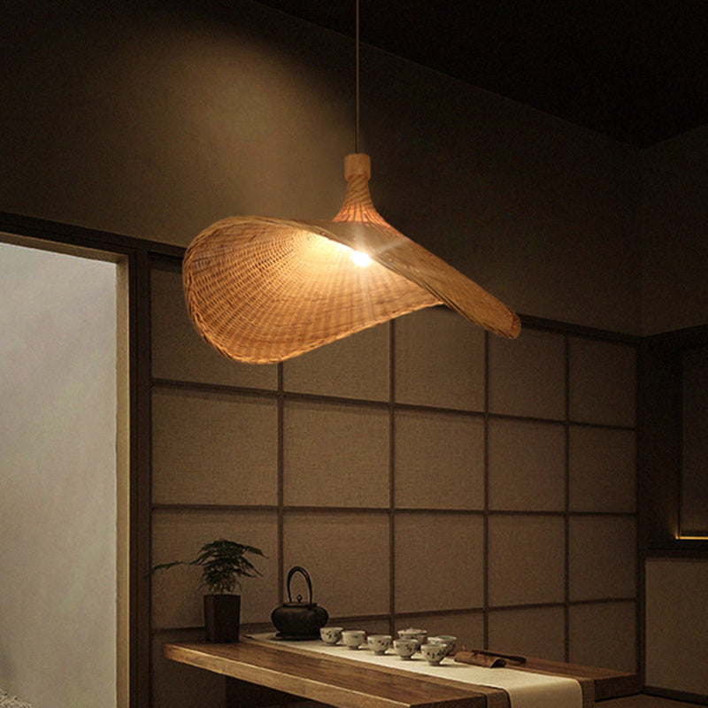 Asian Style Bamboo Ceiling Light: Hat Shape Wood Hanging Fixture For Restaurants