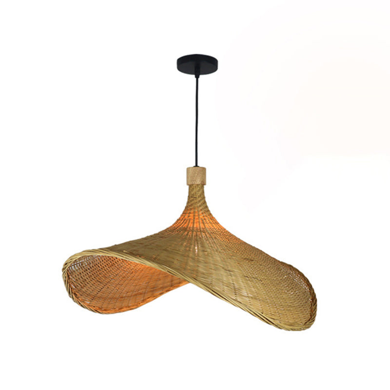 Asian Style Bamboo Ceiling Light: Hat Shape Wood Hanging Fixture For Restaurants