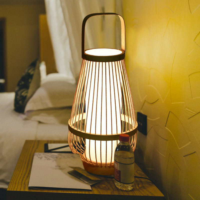 Minimalist Bamboo Table Lamp: Basket Shape 1 Head Wood Nightstand Light For Restaurants