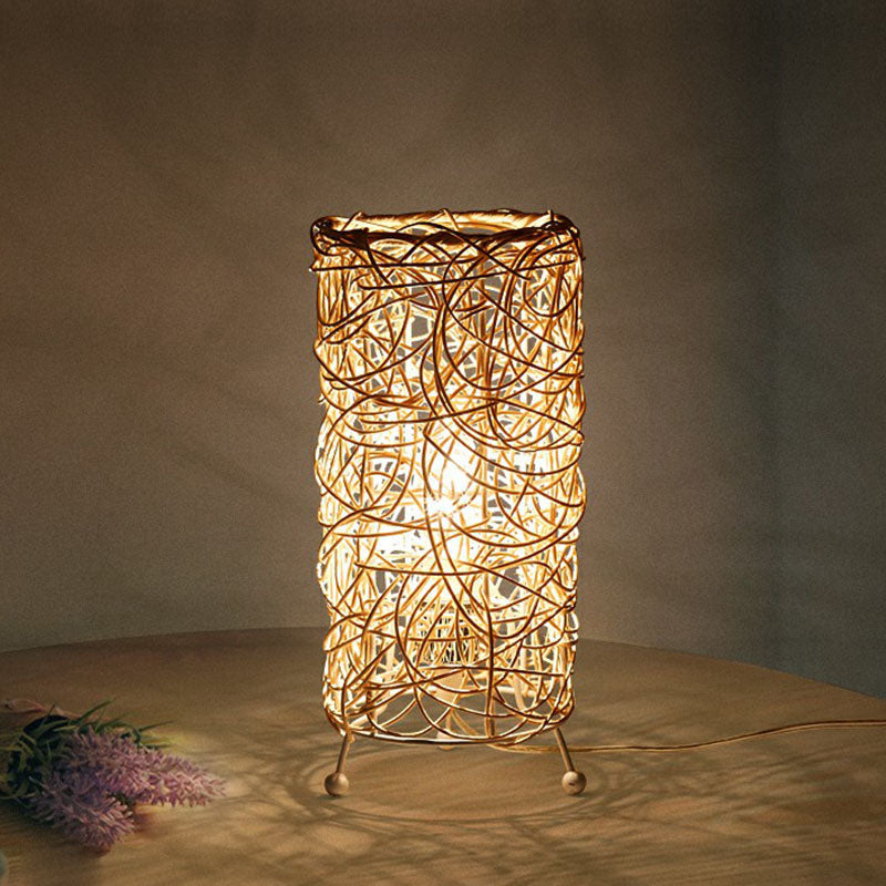 Rattan Cylindrical Table Lamp: Modern Style Single-Bulb Nightstand Lighting For Living Rooms