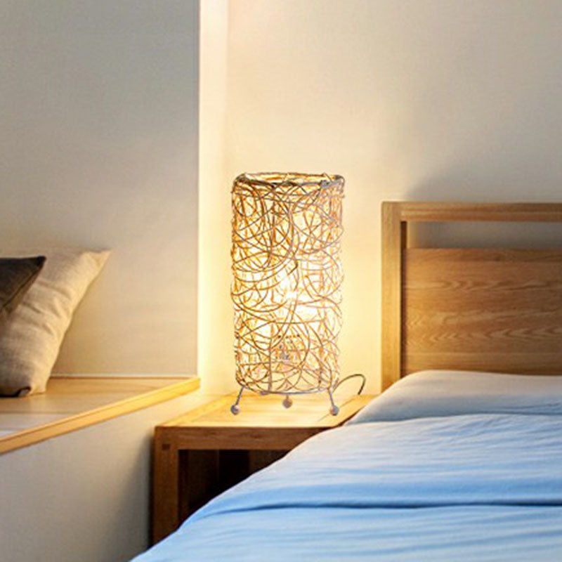 Rattan Cylindrical Table Lamp: Modern Style Single-Bulb Nightstand Lighting For Living Rooms