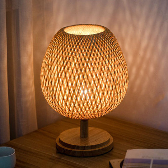 Nordic Style Bamboo Wood Table Lamp - Wineglass Design 1 Bulb Nightstand Light For Bedroom / 9