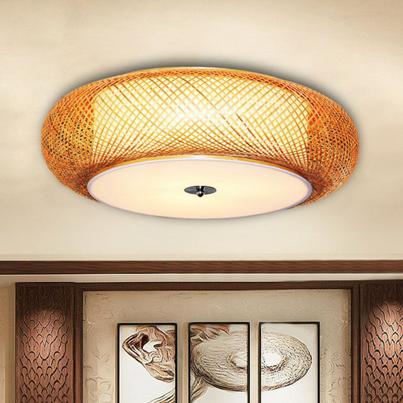 Bamboo Single Curved Drum Flush Mount Ceiling Light - Asia-inspired Wood Design for Living Room