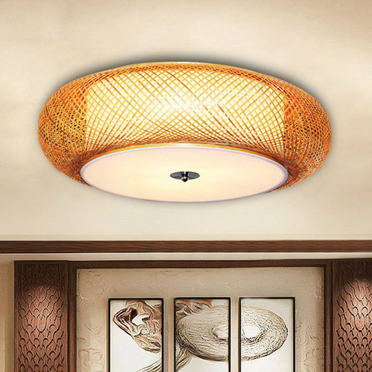 Bamboo Single Curved Drum Flush Mount Ceiling Light - Asia-Inspired Wood Design For Living Room