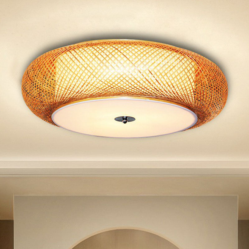 Bamboo Single Curved Drum Flush Mount Ceiling Light - Asia-inspired Wood Design for Living Room