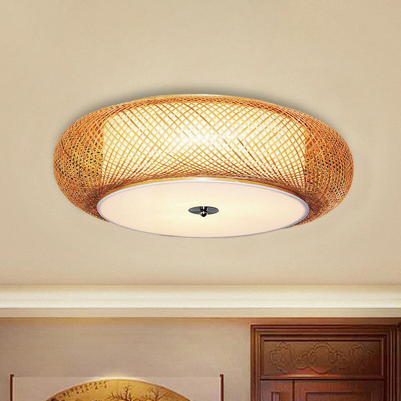 Bamboo Single Curved Drum Flush Mount Ceiling Light - Asia-inspired Wood Design for Living Room