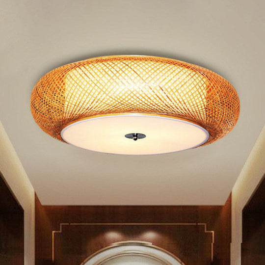 Bamboo Single Curved Drum Flush Mount Ceiling Light - Asia-inspired Wood Design for Living Room