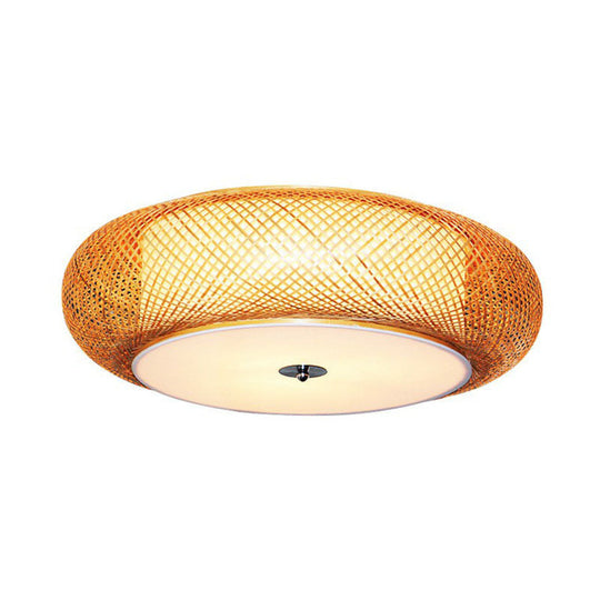 Bamboo Single Curved Drum Flush Mount Ceiling Light - Asia-inspired Wood Design for Living Room