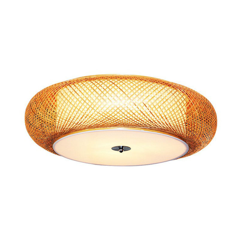 Bamboo Single Curved Drum Flush Mount Ceiling Light - Asia-Inspired Wood Design For Living Room