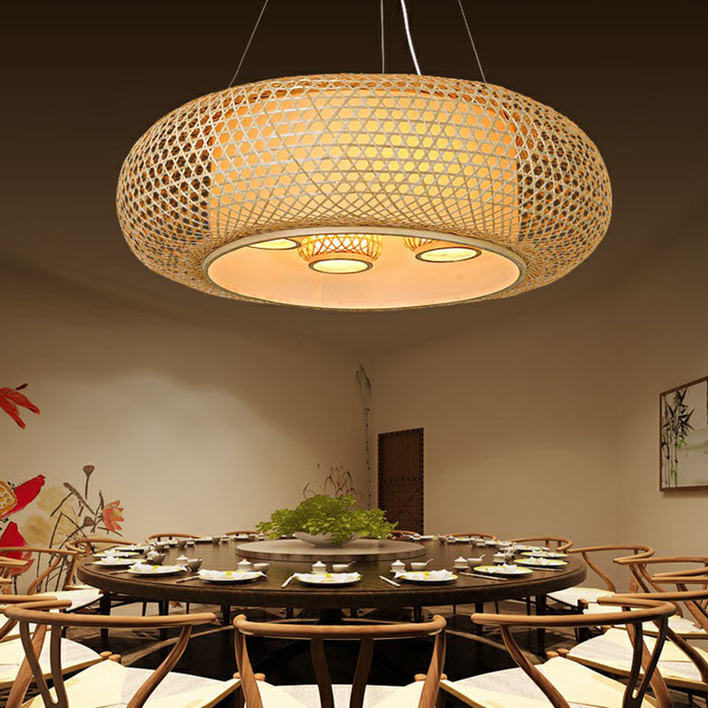 Pumpkin Bamboo Ceiling Light Fixture - South-East Asian Design 4 Bulbs Wood Chandelier