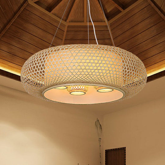 Pumpkin Bamboo Ceiling Light Fixture - South-East Asian Design 4 Bulbs Wood Chandelier